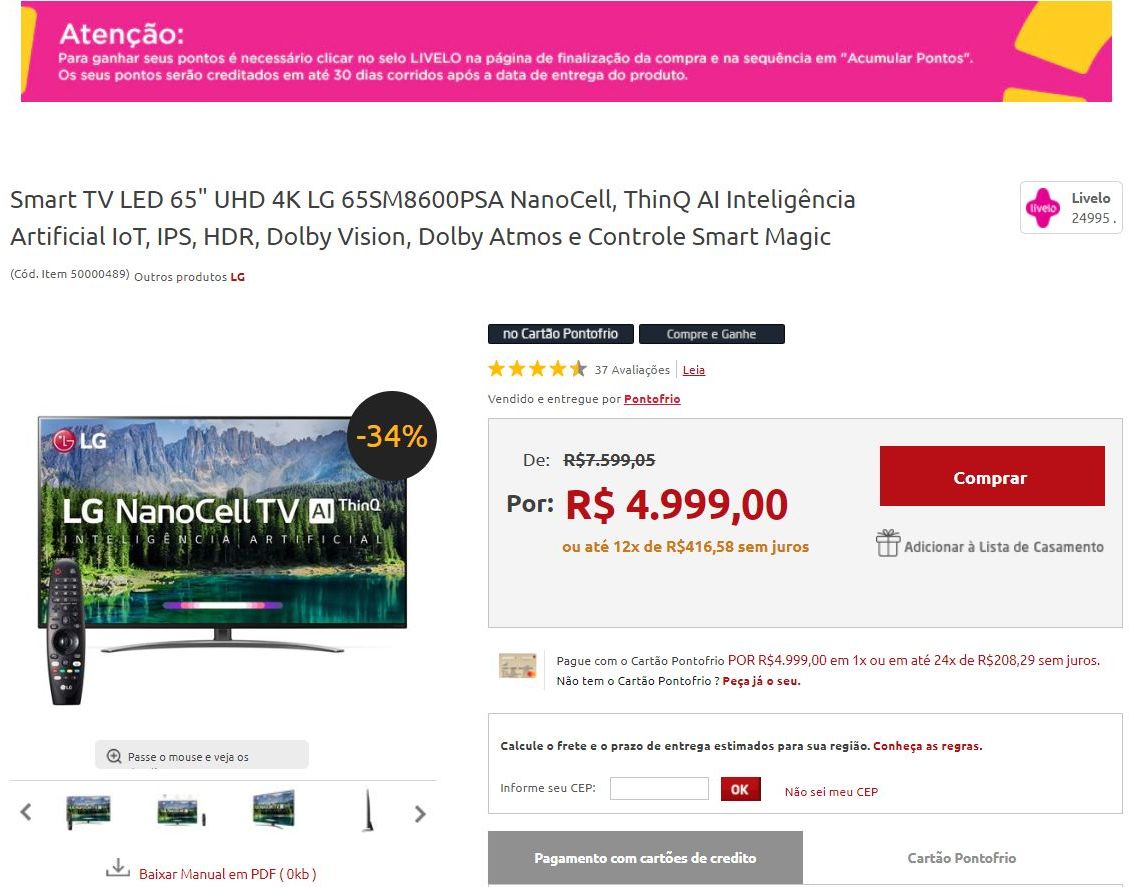 Exemplo de compra Livelo 5x1 Pontofrio