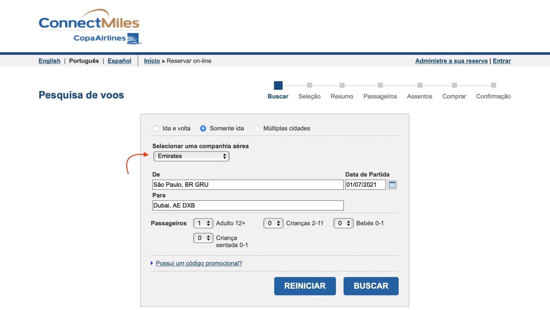 Copa disponibilidade milhas Emirates