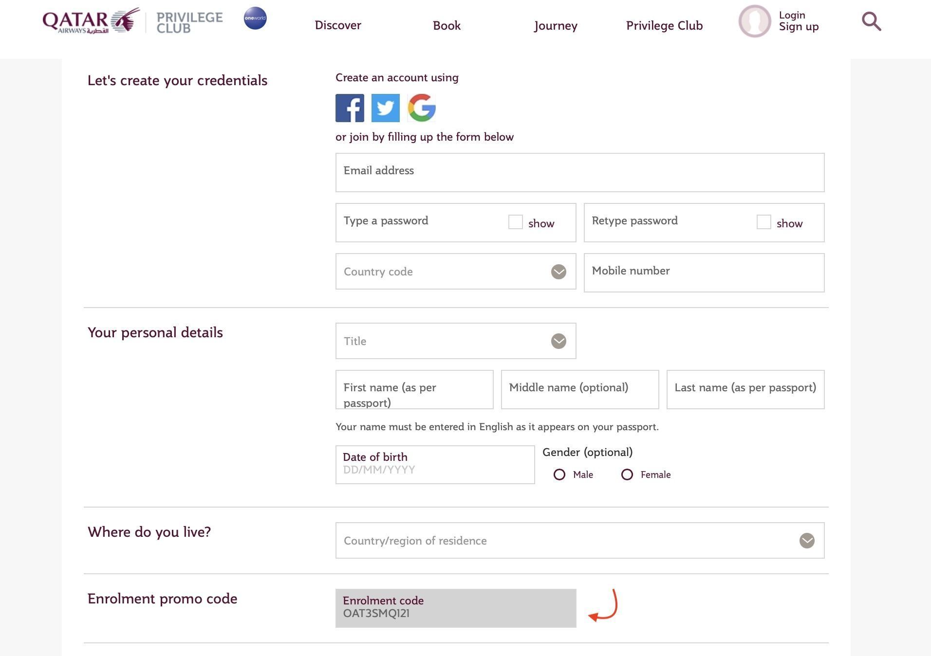 Qatar Airways milhas cadastrar