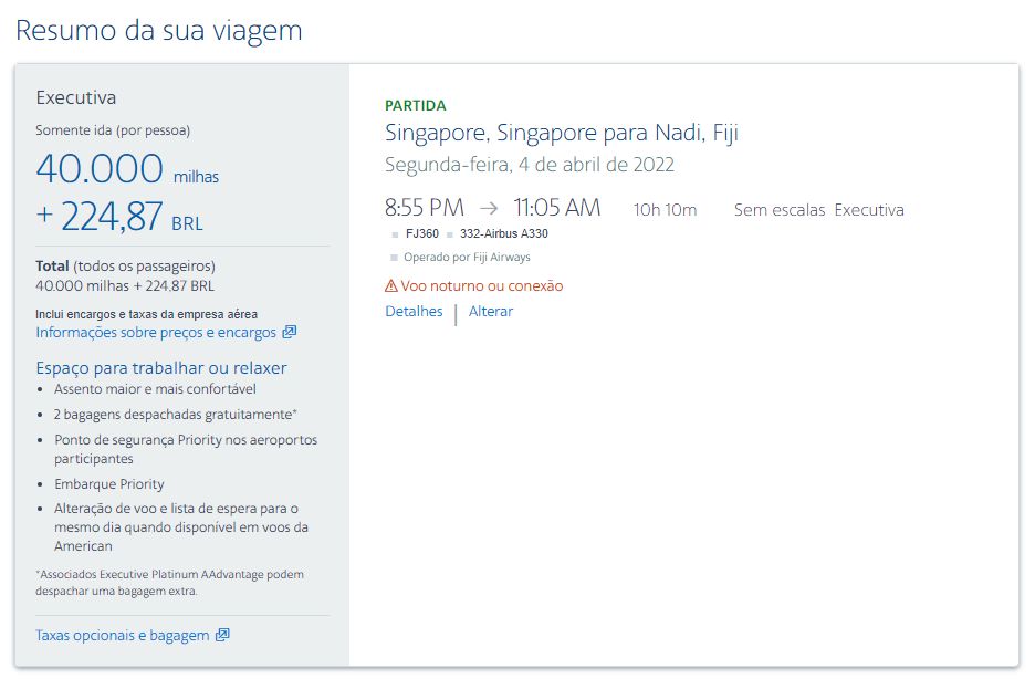 Singapura Fiji Executiva milhas