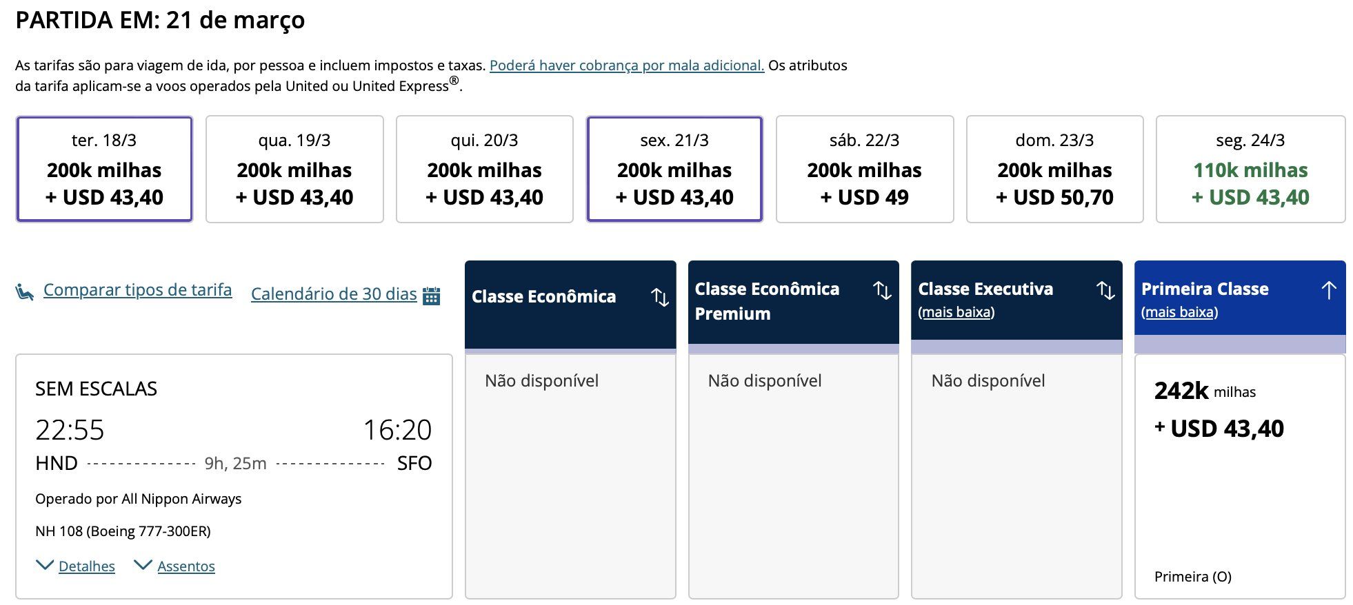 valores MileagePlus Primeira Classe