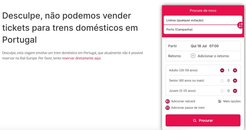 Imagem busca Rail Europe Lisboa para Porto