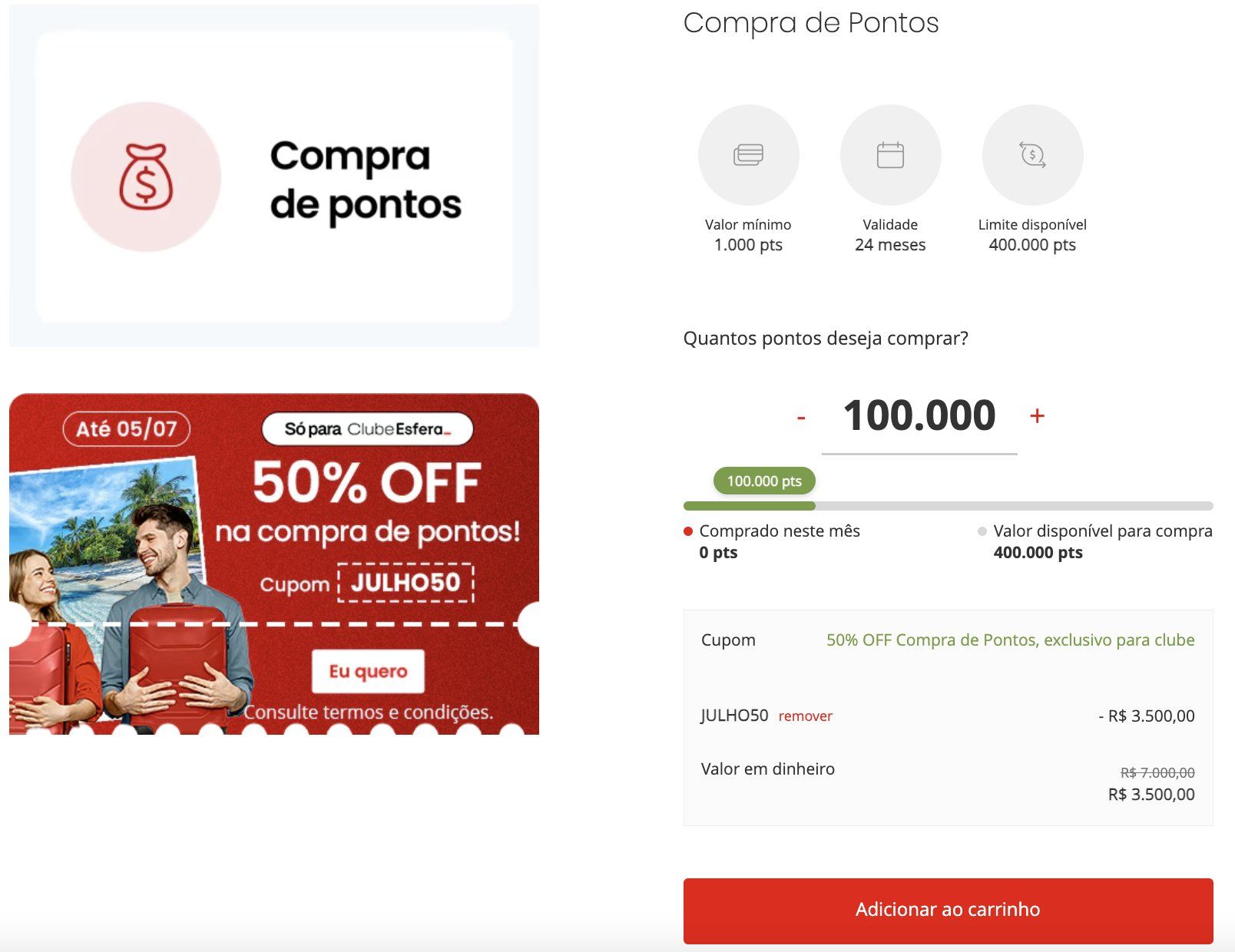 compra pontos Esfera 50%