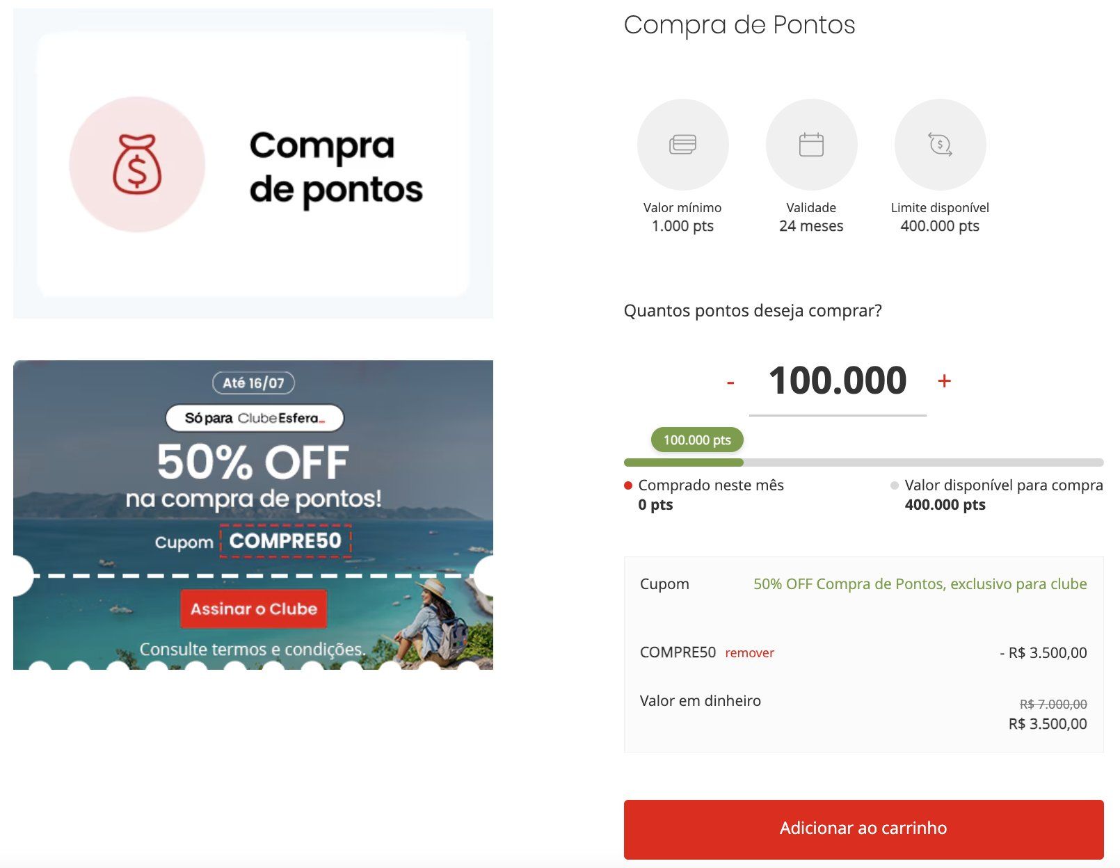 compra pontos Esfera 50%