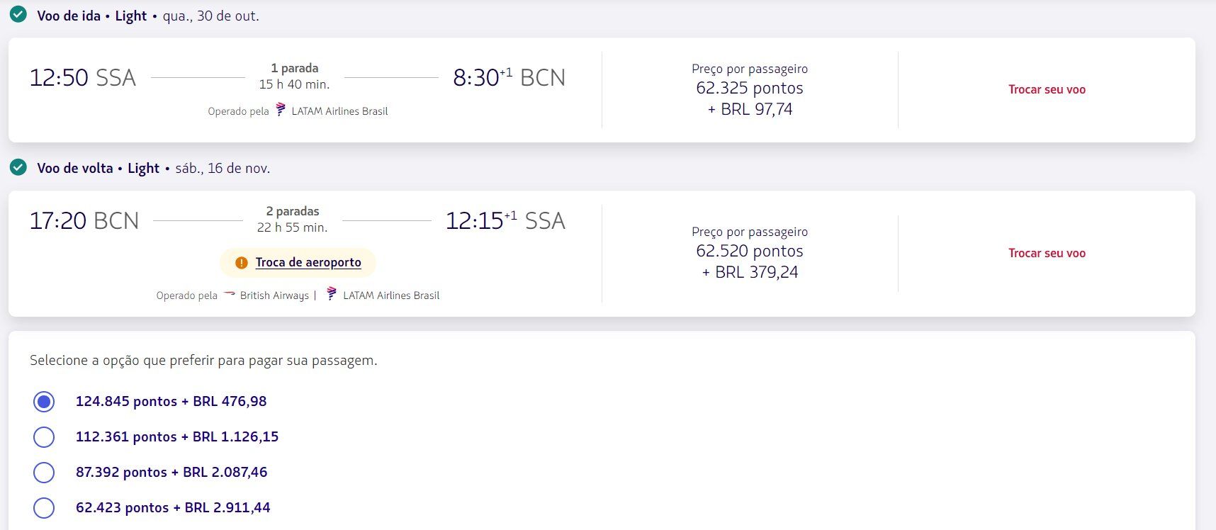 Emissão LATAM Pass - Salvador para Barcelona