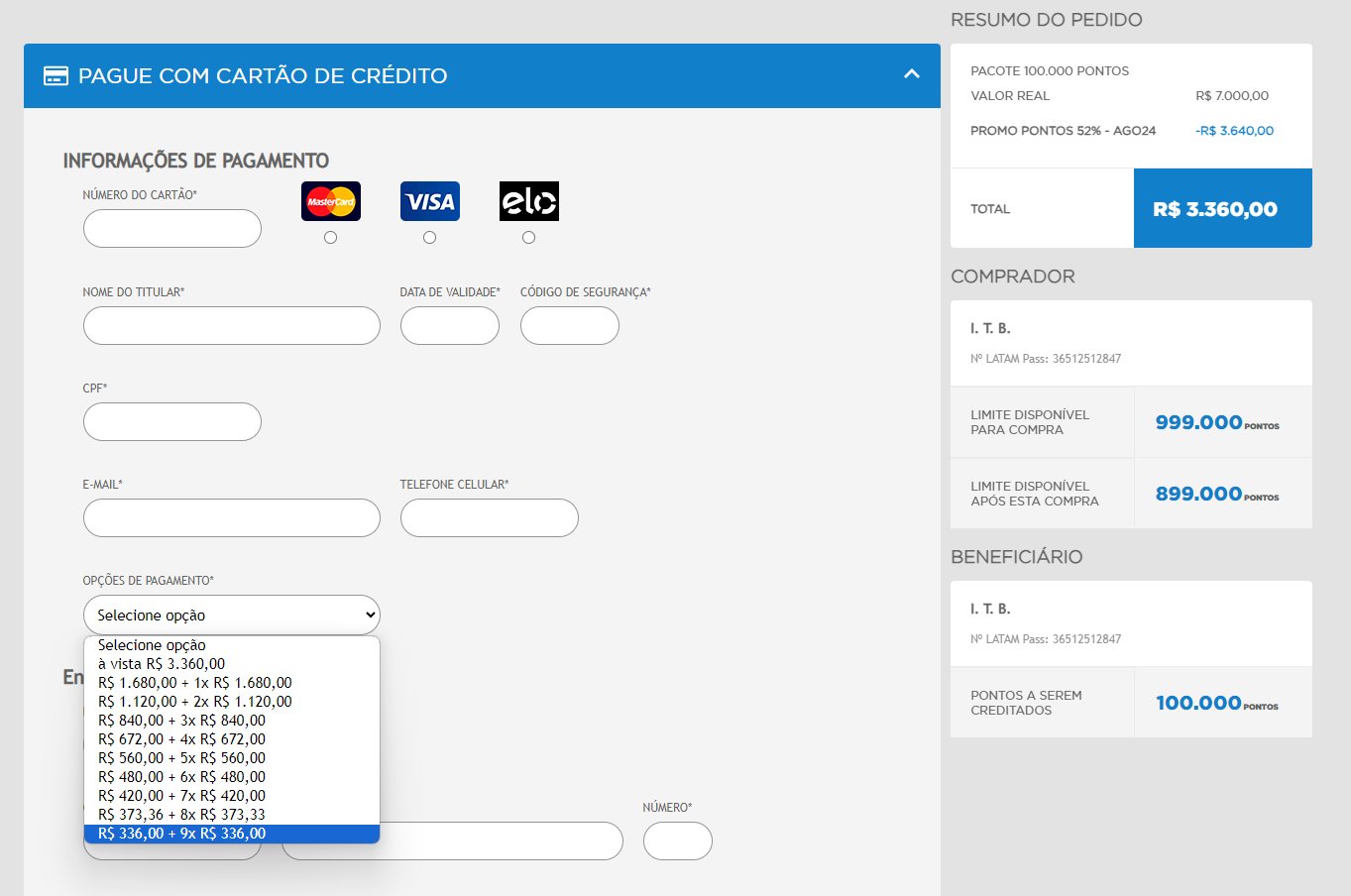 latam pontos parcelamento
