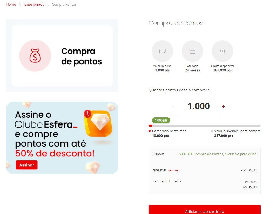 Esfera desconto pontos