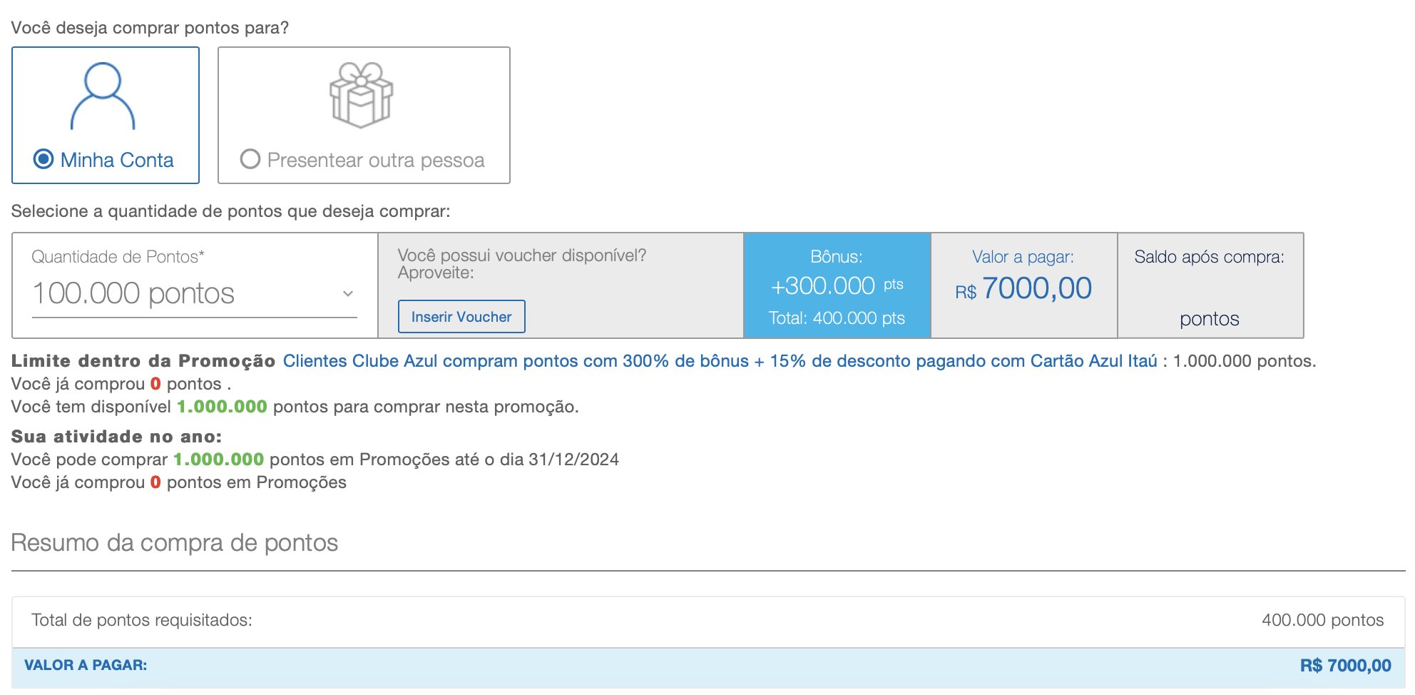 Azul bônus pontos