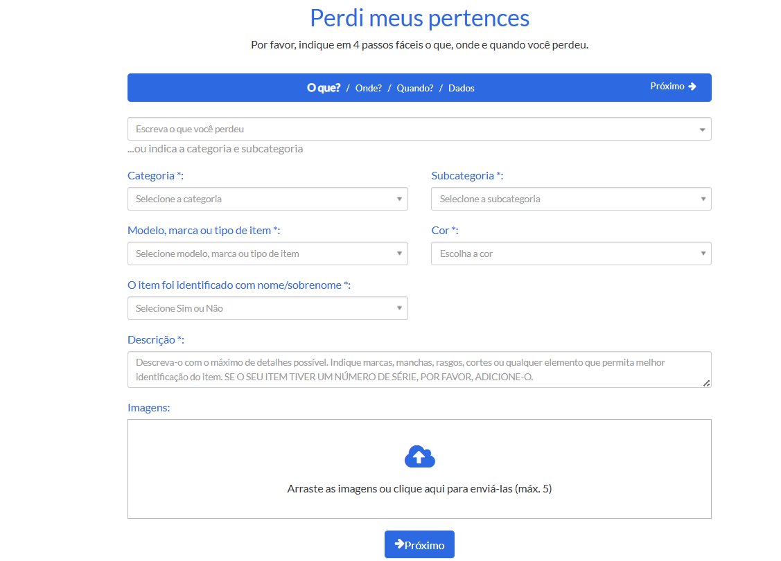 Print da tela de cadastro da Foundspot e da Air Europa para objetos perdidos.