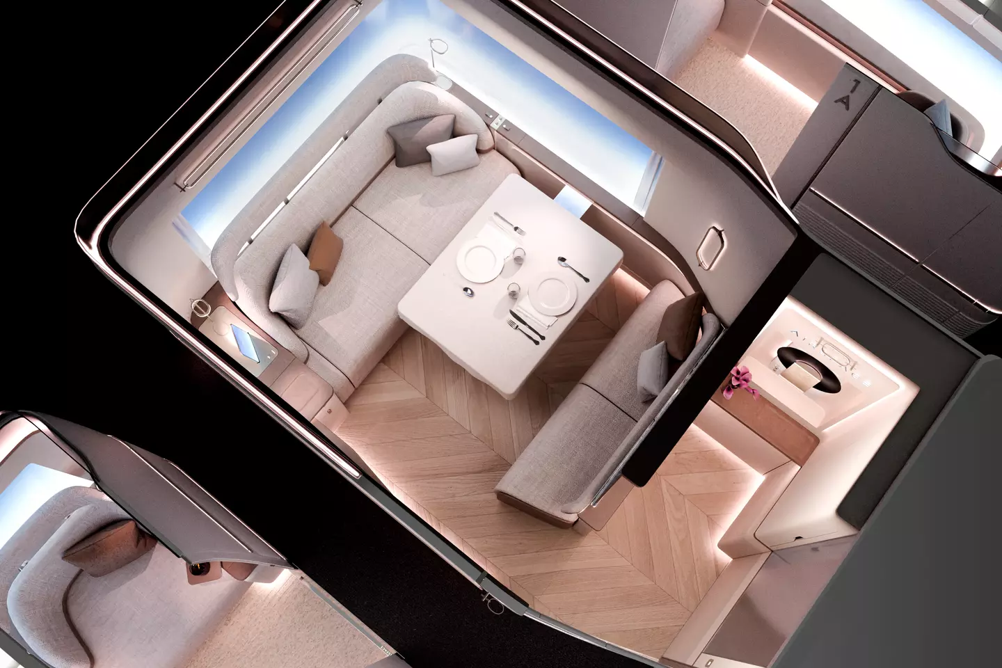 Conceito de Primeira Classe do Airbus A350-1000. Vista aérea da cabine.