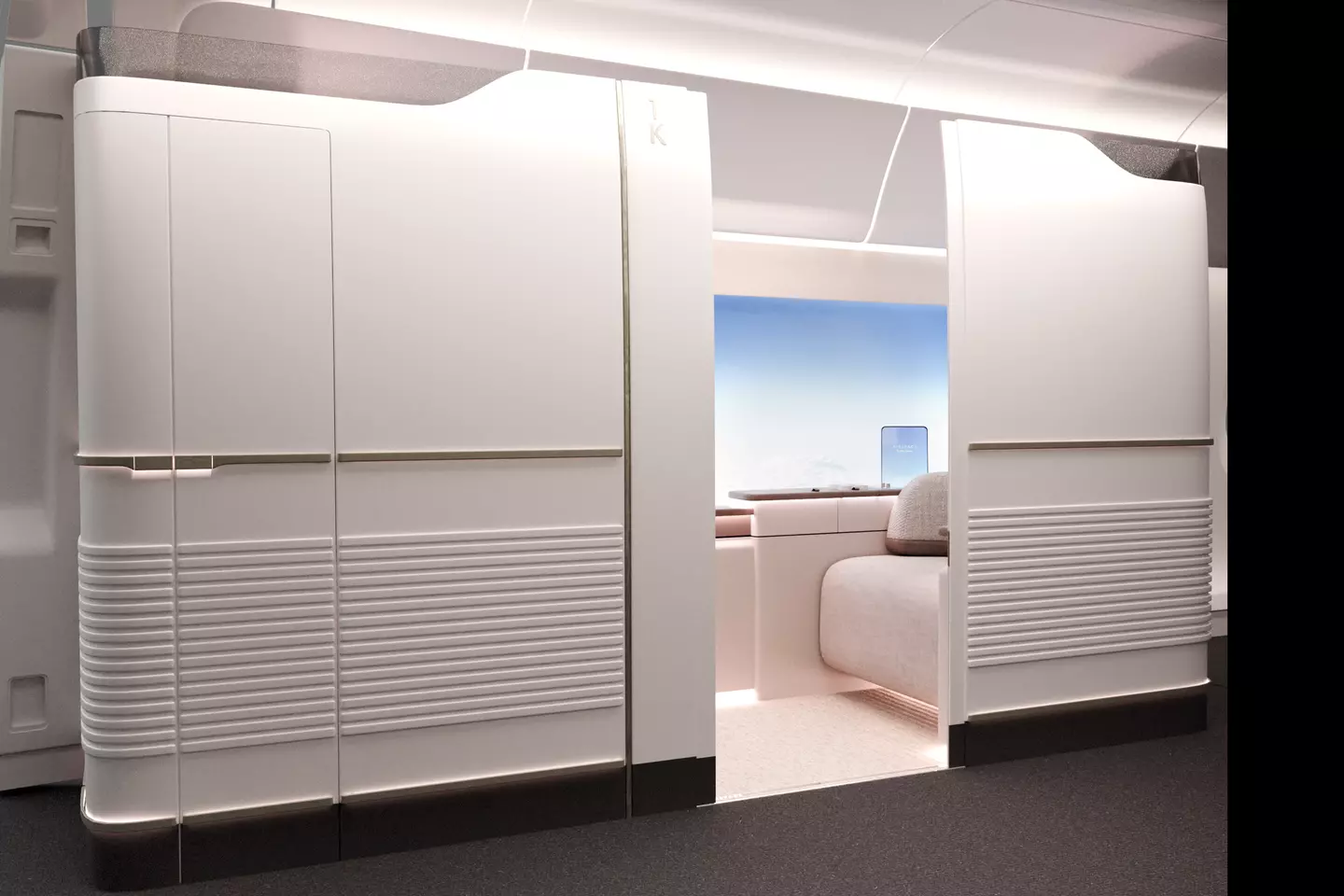 Conceito de Primeira Classe do Airbus A350-1000. Porta da suíte lateral.