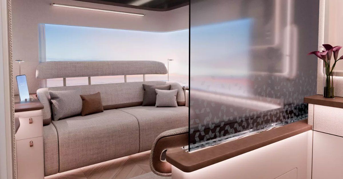 Conceito de Primeira Classe do Airbus A350-1000. Suíte Master com sofá para 2 pessoas.