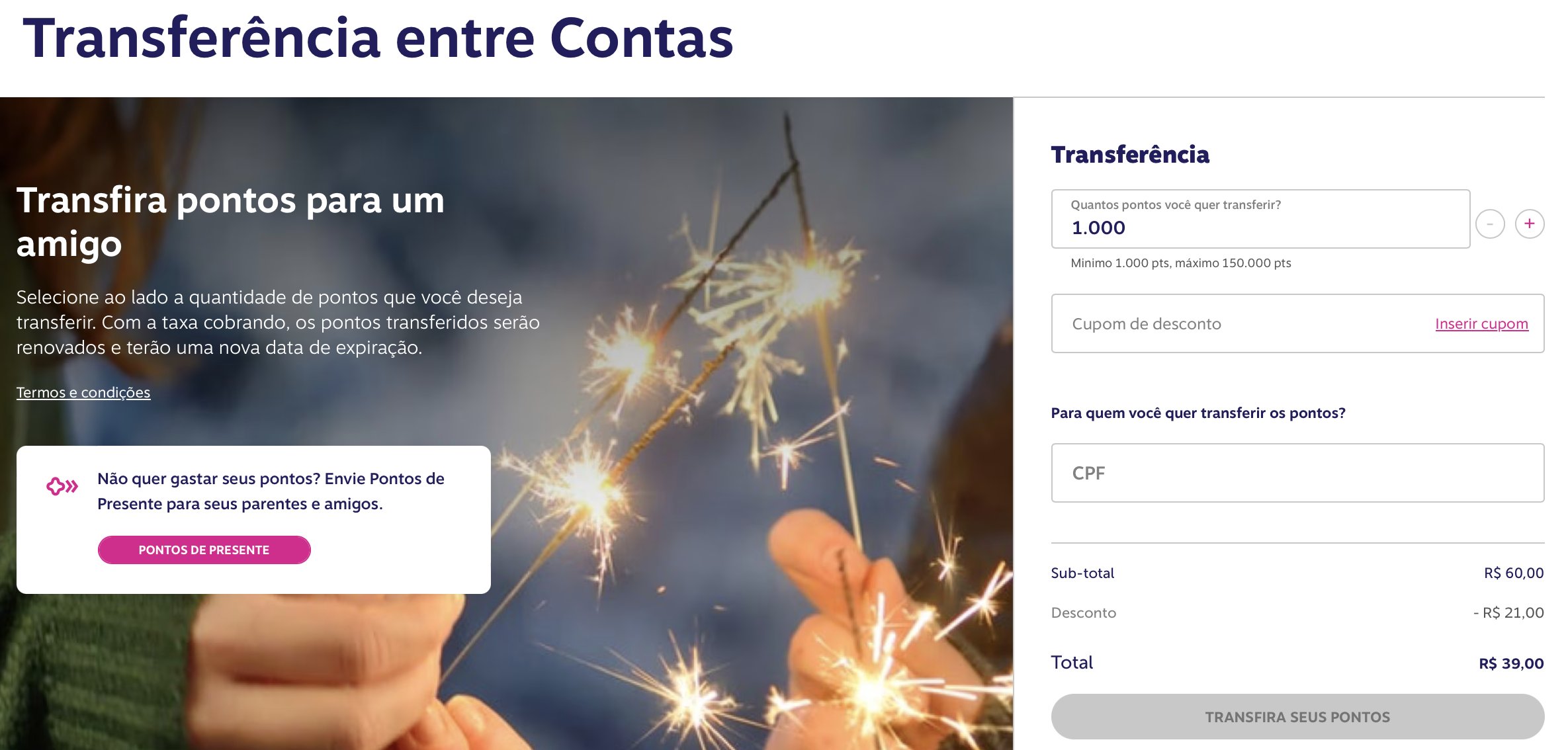 Livelo transferências entre contas