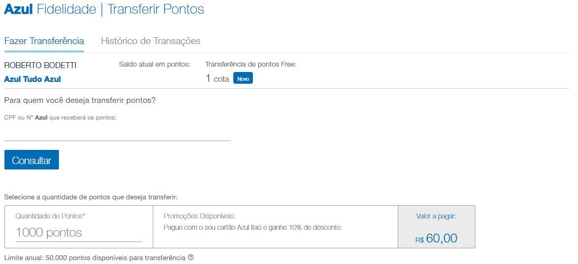 Azul transferência entre contas